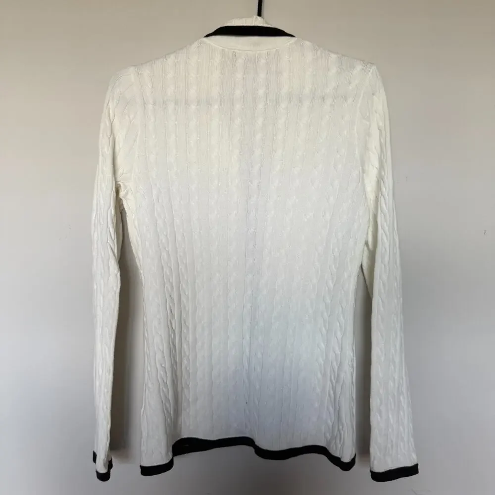 Lands End Womens Sweater Small White Contrast Trim Schoolgirl Coastal Preppy